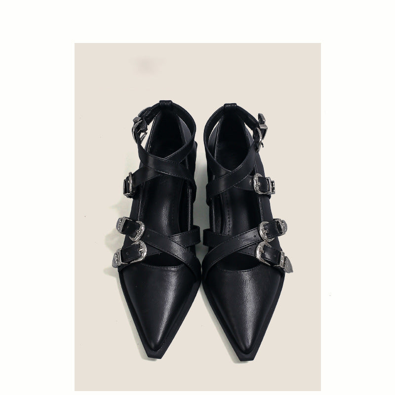 Pointed Toe Square Heel Cross Buckle Mary Janes