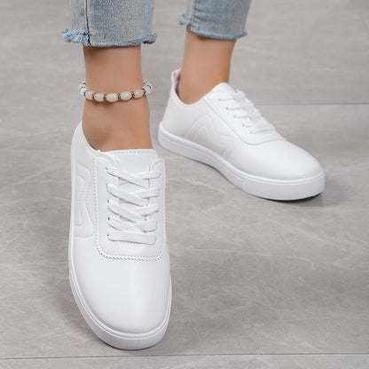 Round Toe Lace-Up Casual White Shoes