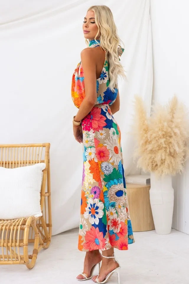 Vacation Style Fashion Printing Sleeveless Halter Waist-tight Long Dress