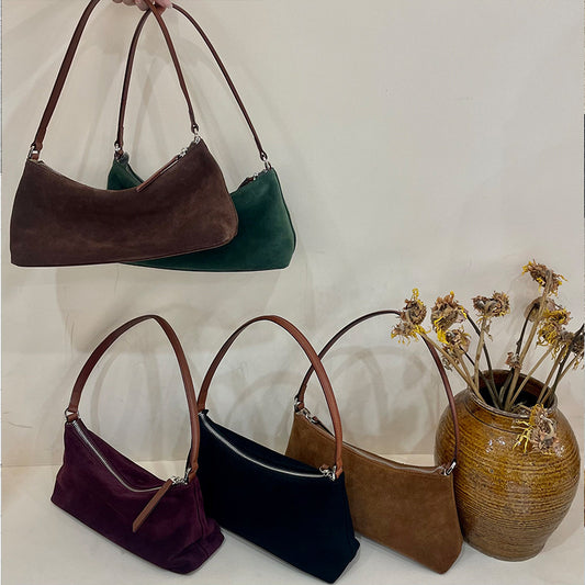 Retro Matte Top-grain Leather Niche Suede Shoulder Bag