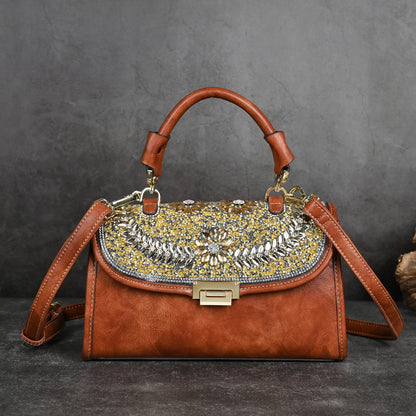 Hand-Studded Retro Shoulder Handbag