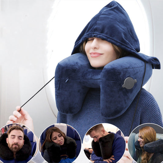 Hooded Inflatable Travel Neck Pillow