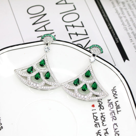 Green Zircon Fan Earrings with Gold Plating