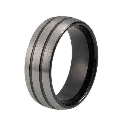 8mm Black Tungsten Wedding Ring with Silver Matte Lines