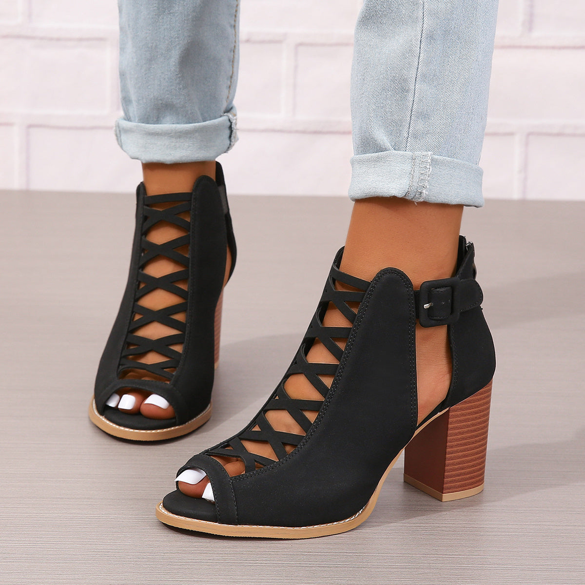 Round Toe Buckle High Heel Sandals Thick Heel