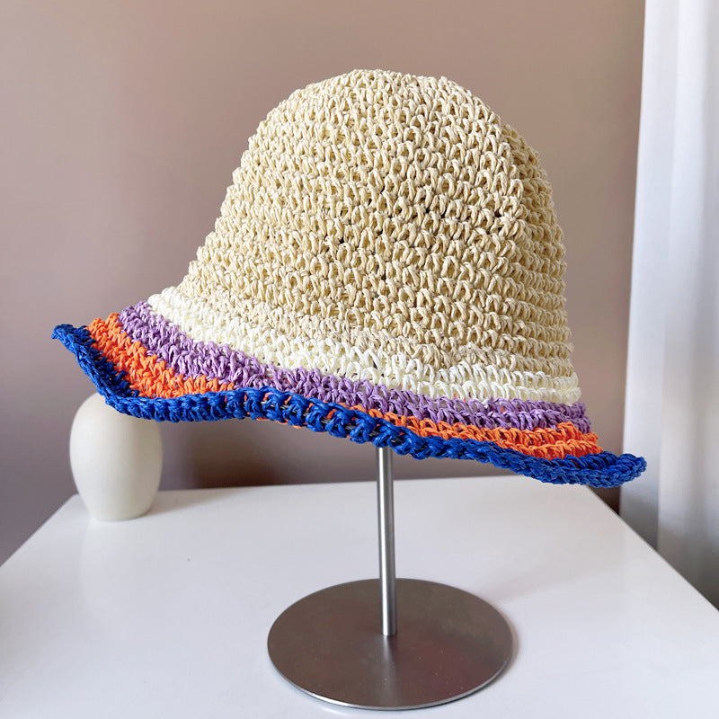 Women's Sun Protection Contrast Color Striped Straw Hat