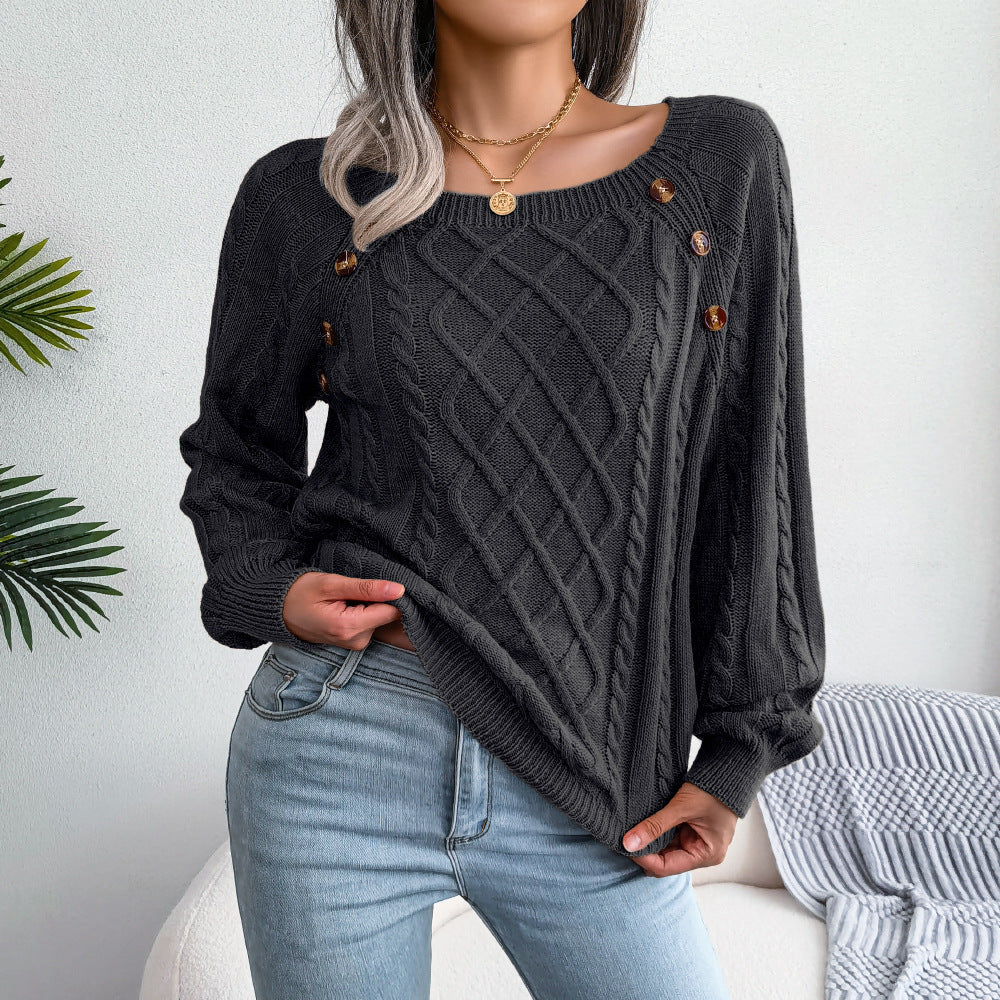 Square Neck Knitted Sweater Winter Long Sleeve Top