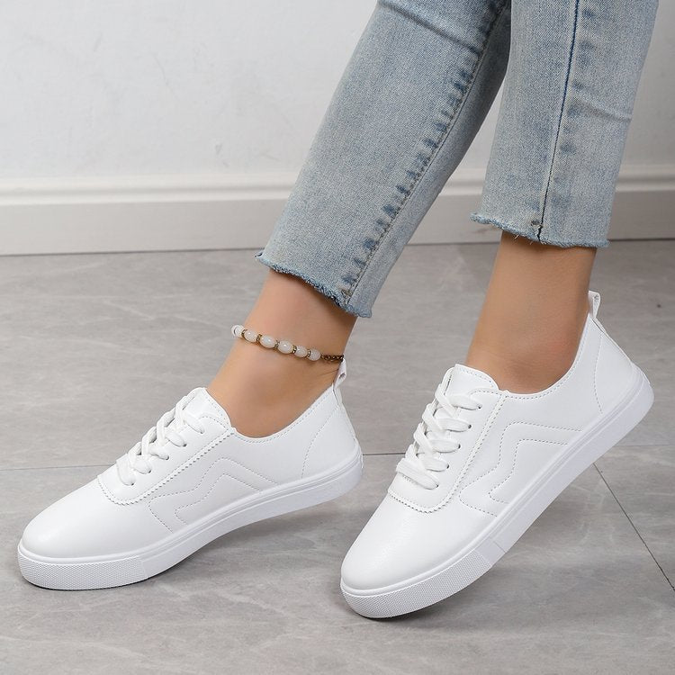 Round Toe Lace-Up Casual White Shoes