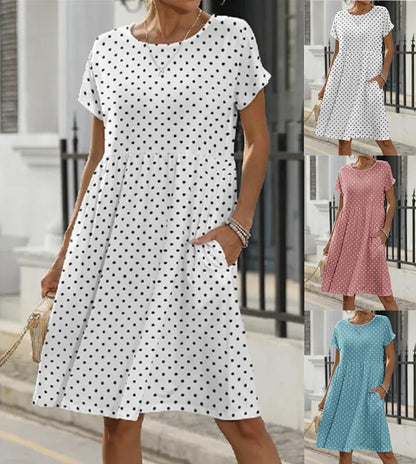 European And American Summer Short Sleeve Round Neck Pocket Polka Dot Print Dress