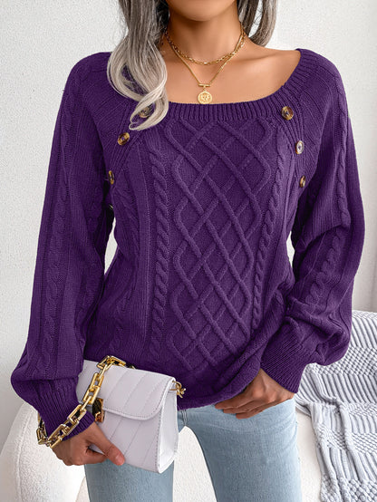 Square Neck Knitted Sweater Winter Long Sleeve Top