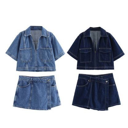 Double-Breasted Culottes Denim Suit