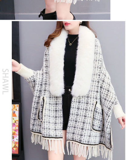 Plus Size Tassel Knitted Cardigan with Fur Collar