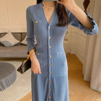 French Single-breasted Blue V-neck Fishtail Knitted Dress Women