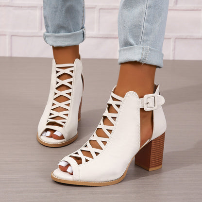 Round Toe Buckle High Heel Sandals Thick Heel