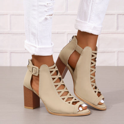 Round Toe Buckle High Heel Sandals Thick Heel