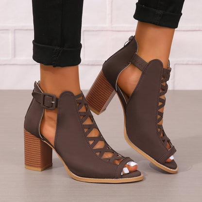 Round Toe Buckle High Heel Sandals Thick Heel