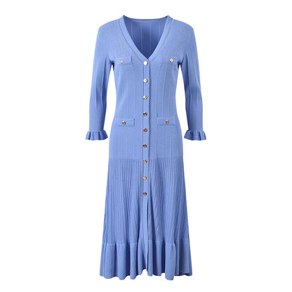 French Single-breasted Blue V-neck Fishtail Knitted Dress Women