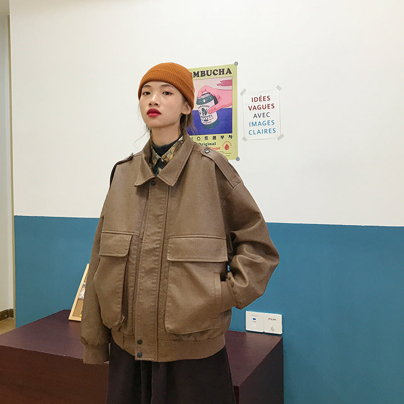 Women's Hong Kong Style Ins Jacket In Loose Retro Leather