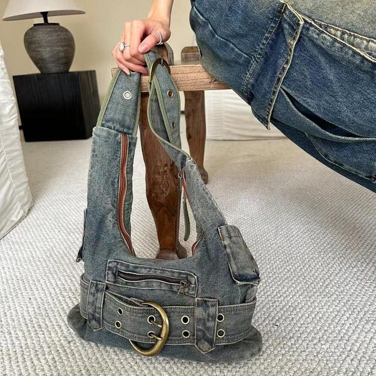 Vintage Washed Denim Shoulder Bag