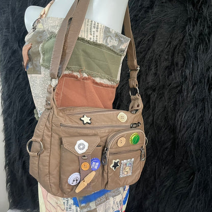 Vintage Button Patch Crossbody Bag