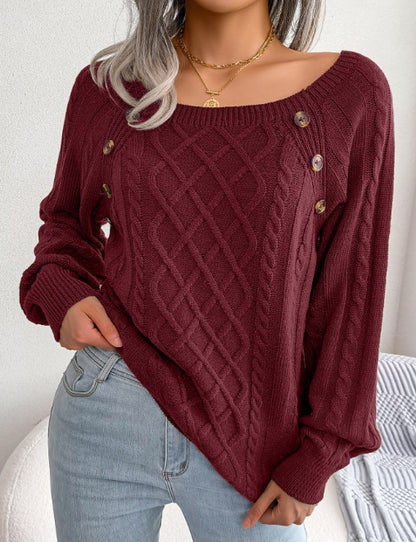 Square Neck Knitted Sweater Winter Long Sleeve Top