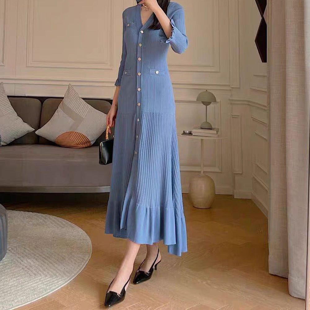 French Single-breasted Blue V-neck Fishtail Knitted Dress Women