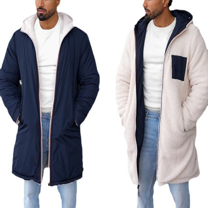 Double-sided Fall Winter Hooded Double-sided Zipper Coat Color Matching Warm Windbreaker Men's Coat