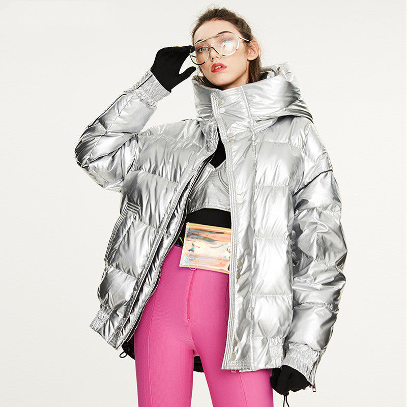 Couples Laser Glossy Thickened Loose Mid Length Down Jacket