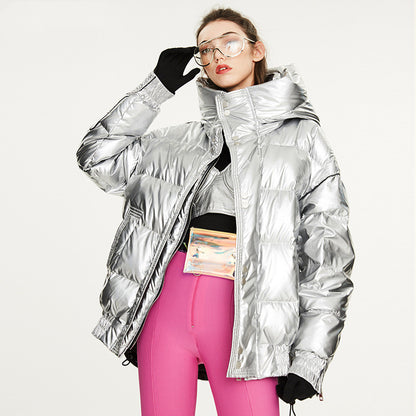 Couples Laser Glossy Thickened Loose Mid Length Down Jacket