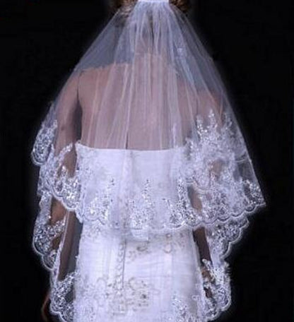 Bridal Sequined Polyester Veil Face Cover Two Layers Lace Sideband