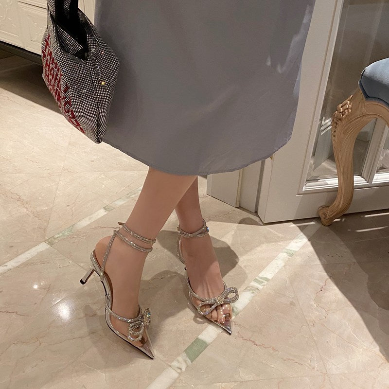 Summer Rhinestone Bow Pointed High Heels