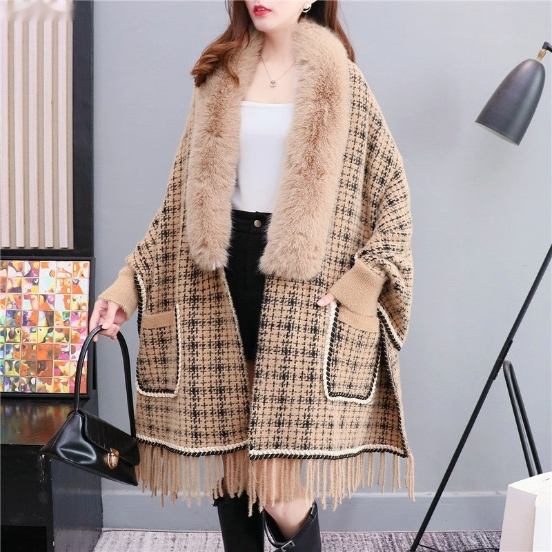 Plus Size Tassel Knitted Cardigan with Fur Collar