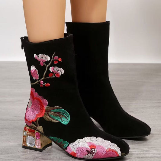 Flower Embroidered Mid-Calf Boots