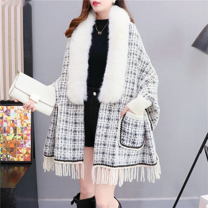 Plus Size Tassel Knitted Cardigan with Fur Collar