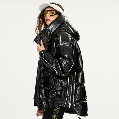 Couples Laser Glossy Thickened Loose Mid Length Down Jacket