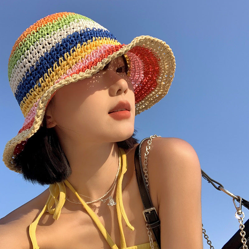 Rainbow Straw Sun-proof Bucket Hat