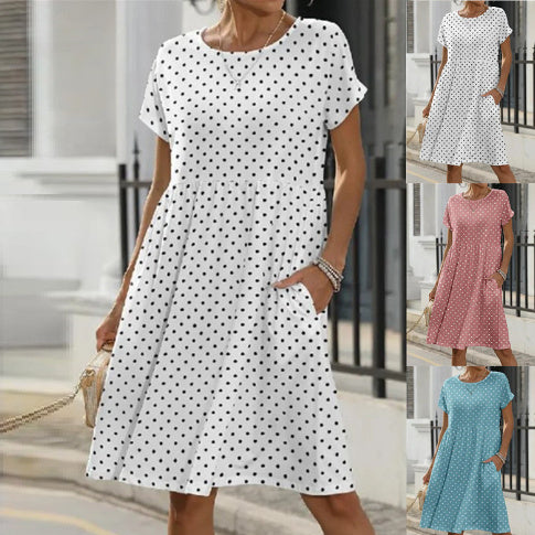 European And American Summer Short Sleeve Round Neck Pocket Polka Dot Print Dress