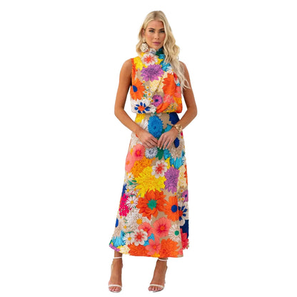 Vacation Style Fashion Printing Sleeveless Halter Waist-tight Long Dress