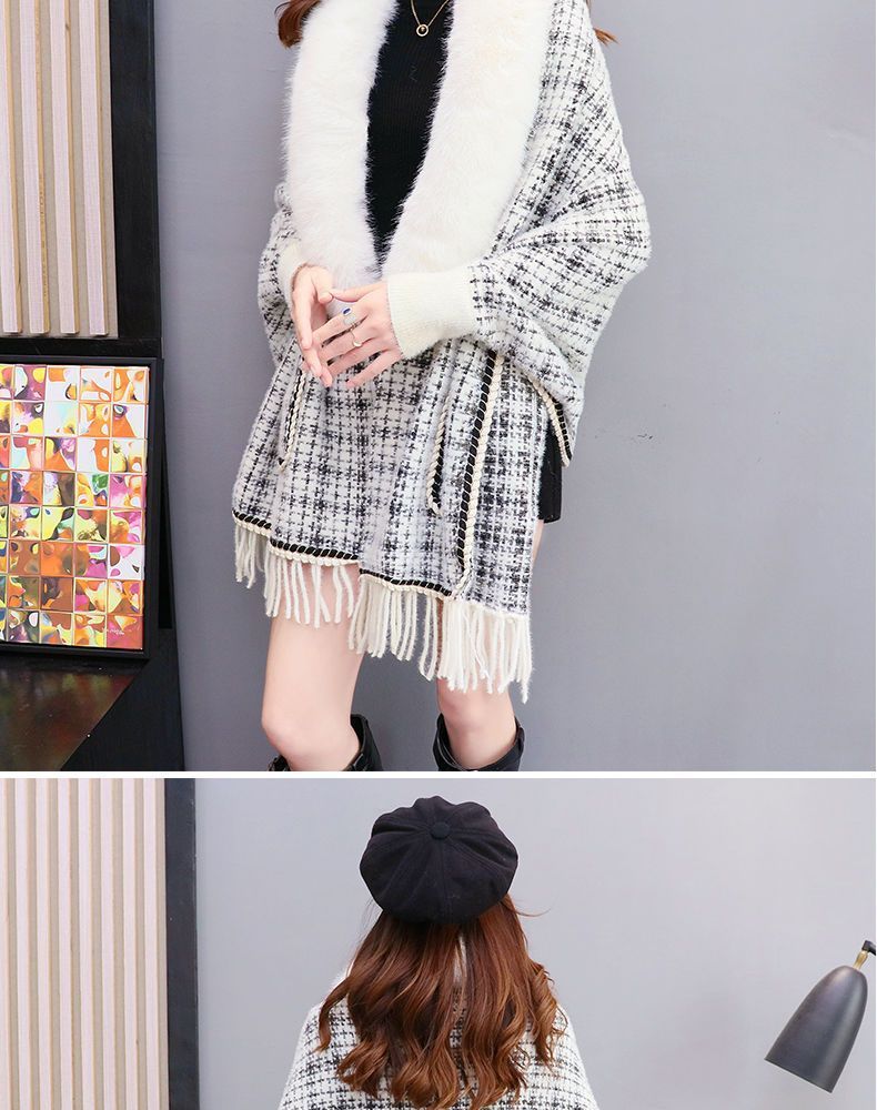 Plus Size Tassel Knitted Cardigan with Fur Collar