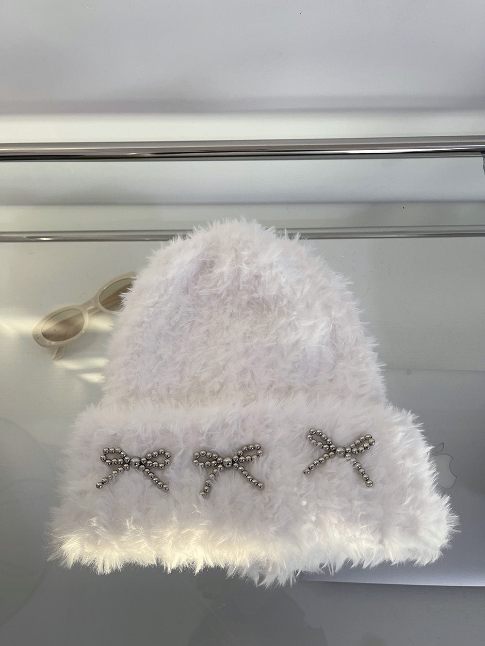 Thick Warm Knitted Bow Plush Bonnet