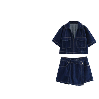 Double-Breasted Culottes Denim Suit