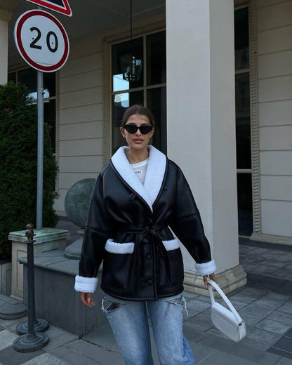 Leather And Fur Korean Style Long Sleeve Splicing Coat Women