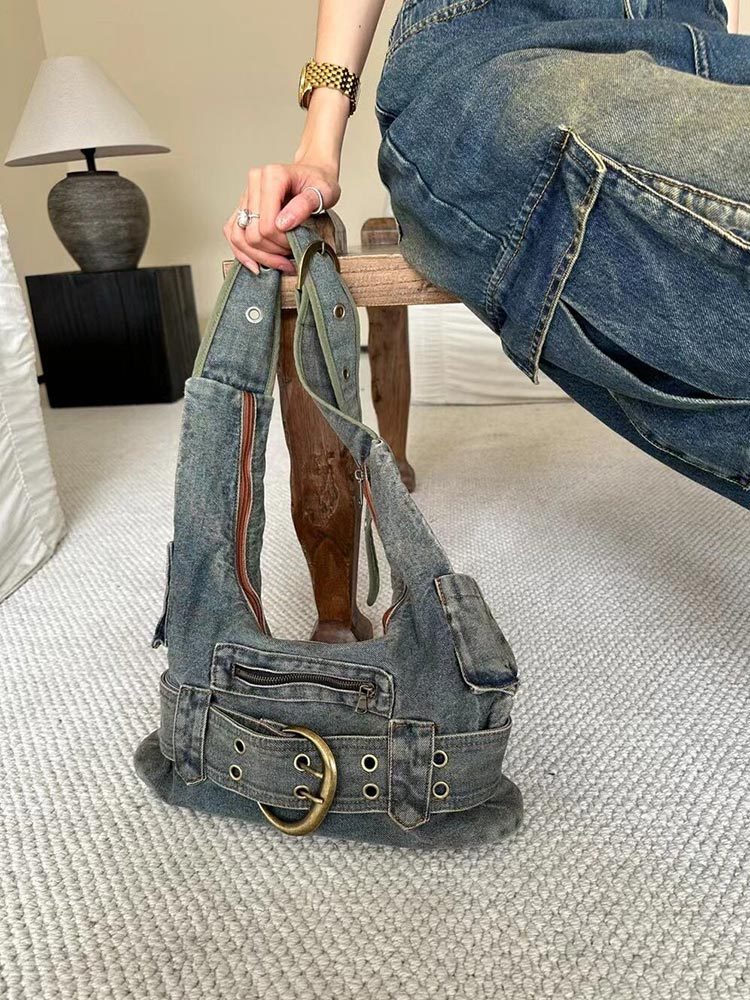 Vintage Washed Denim Shoulder Bag