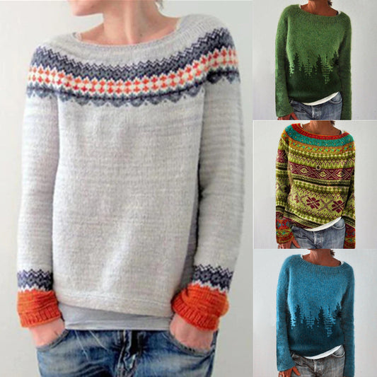 Women's Round Neck Loose Multicolor Pullover Sweater