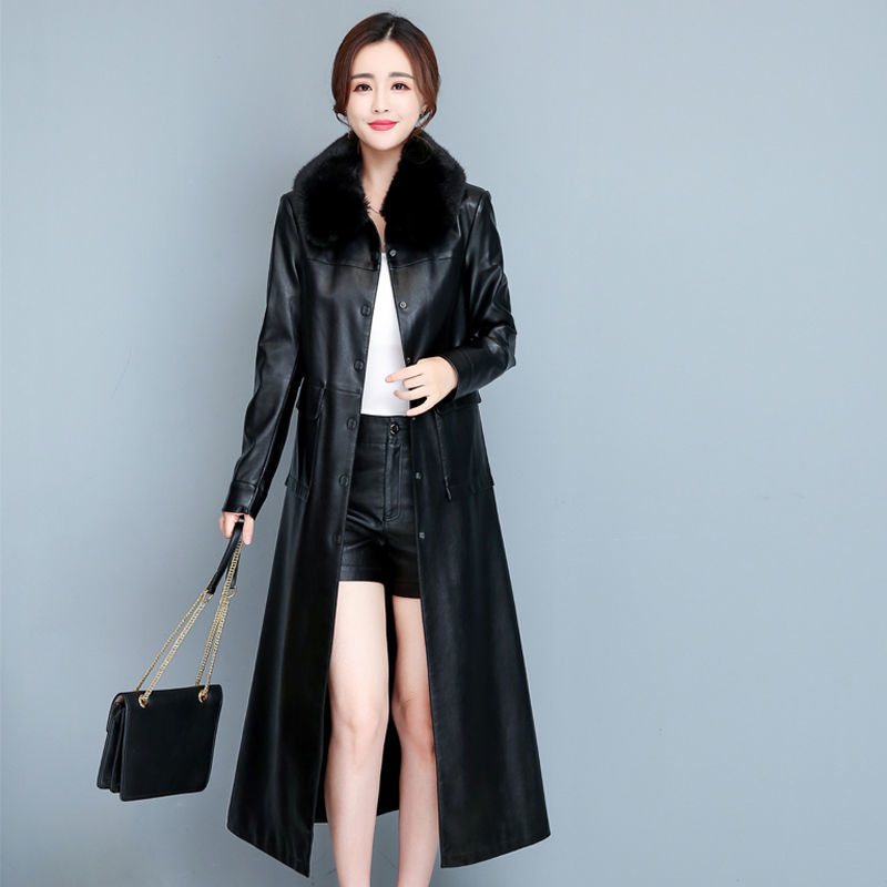 Ladies Fashion Thin Leather Trench Coat Coat