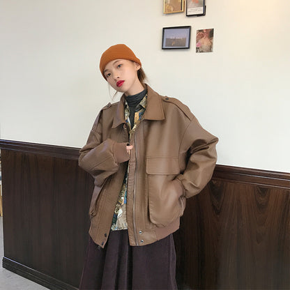 Women's Hong Kong Style Ins Jacket In Loose Retro Leather