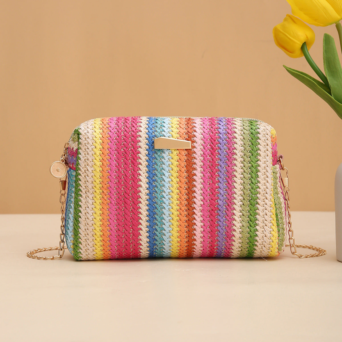 Rainbow Straw Woven Crossbody Camera Bag