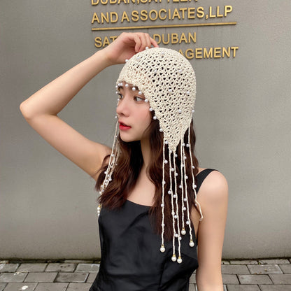 Ethnic Style Handmade Knitted Hat Tassel Pearl Fashion Hollowed-out Retro Artistic