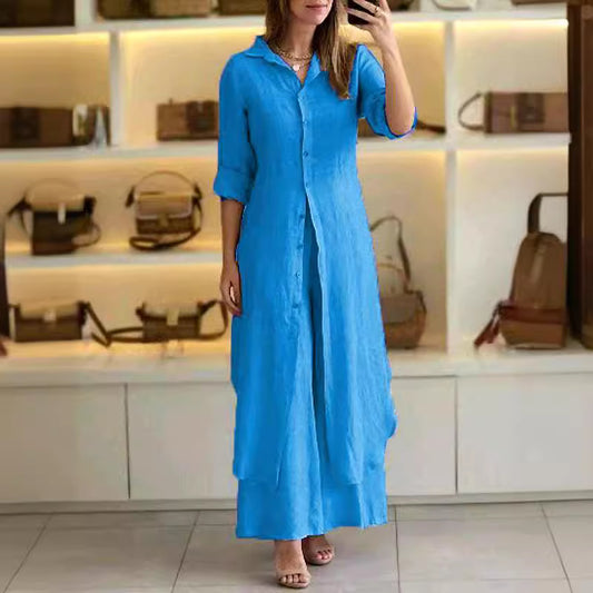 Slim-Fit Cotton Linen Long Shirt Wide-Leg Pants Suit