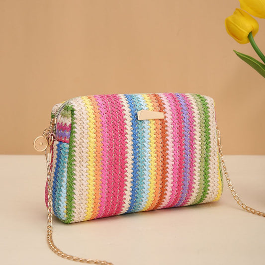 Rainbow Straw Woven Crossbody Camera Bag